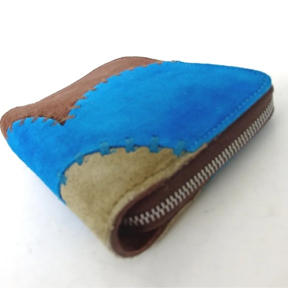 CELINE suede compact wallet coin purse color block switch blue brown tan - Picture 4 of 11